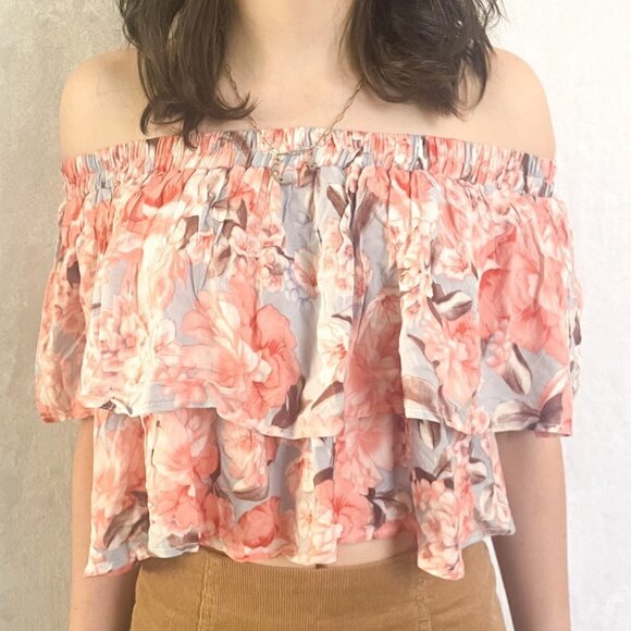 Jaase floral blouse Boho Chic off Shoulder tiered Crop Top size large - Picture 2 of 6